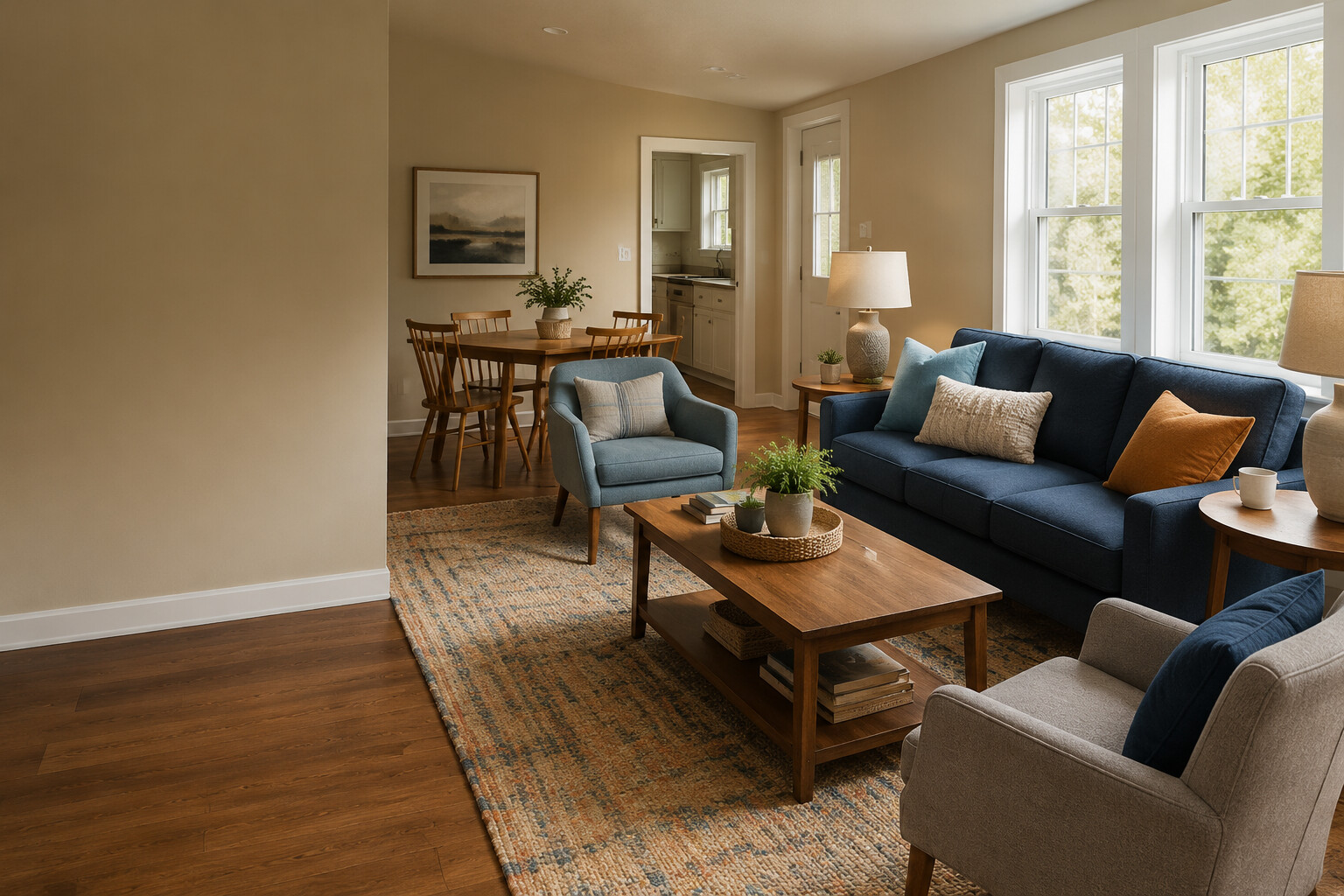 Furnished living and dining room representing the welcoming spaces planned for Cottage 4