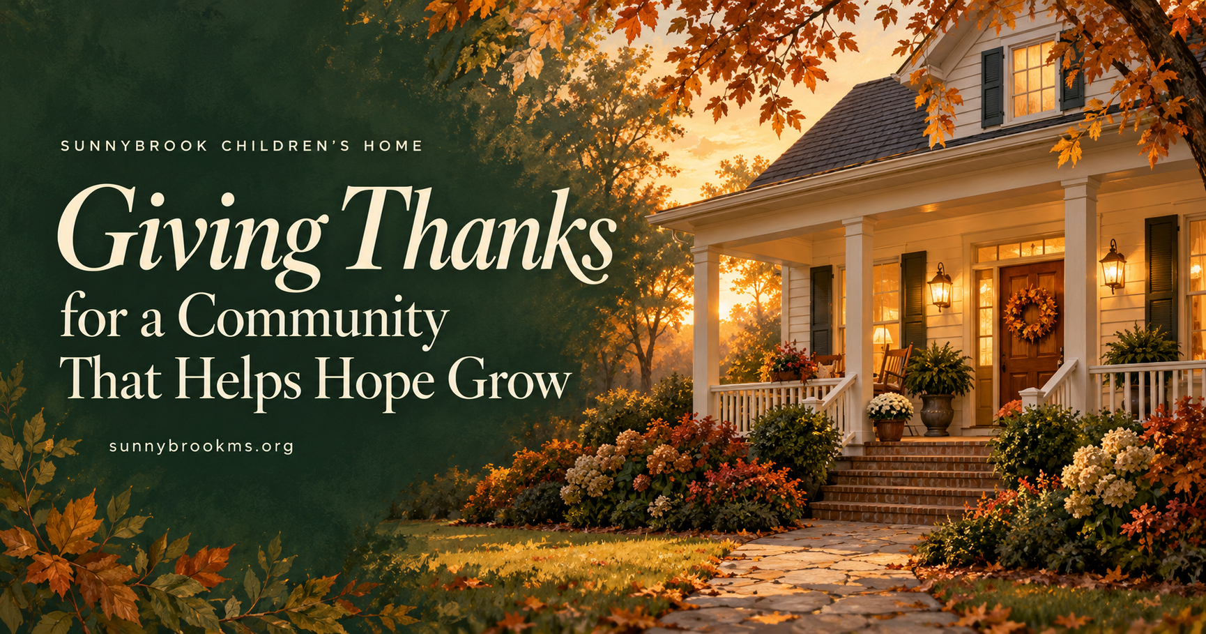 Illustrated autumn home with glowing windows beside Sunnybrook’s headline, “Giving Thanks for a Community That Helps Hope Grow.”
